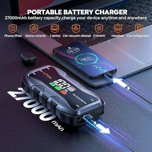 UTRAI 8000A Portable Jump Starter for Car, 12V Jump Box for Car Battery, All Gas & 12L Diesel Engines, 27000mAh Jump Pack with 65W USB-C Fast Charging, 2 USB & DC Output, 600LM LED Flashlight - color: Black