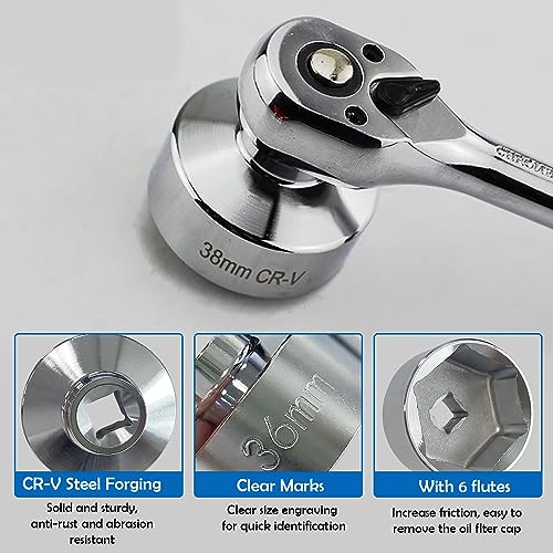 7 Pcs Oil Filter Wrench Socket Set, 3/8 inch Drive Low Profile Oil Canister Socket Set, Universal Oil Filter Cap Socket Remover Tool 24-38mm