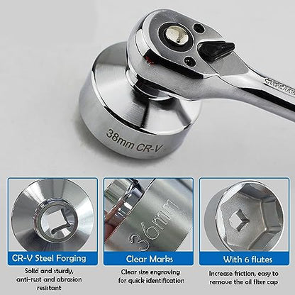 7 Pcs Oil Filter Wrench Socket Set, 3/8 inch Drive Low Profile Oil Canister Socket Set, Universal Oil Filter Cap Socket Remover Tool 24-38mm