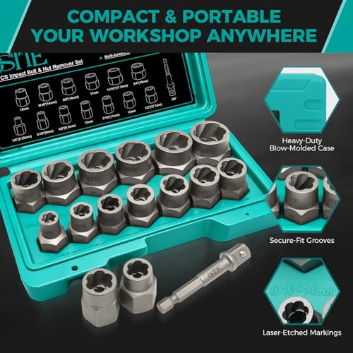 14Pcs Bolt Extractor Socket Set, Impact 3/8" Drive | Easy Out Bolt Extractor Kit, Cr-Mo, 8-19mm, Solid Storage Case, for Stripped/Frozen/Rusted Bolts & Lug Nuts - size: 13+1 Piece