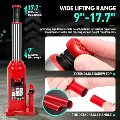 DNA Motoring 10 Ton / 20000 lbs Lifting Automotive Welded Hydraulic Bottle Jack for Car SUV Pickup Truck, Auto Repair, with Manual Handle, Red - color: red, style: 10 ton