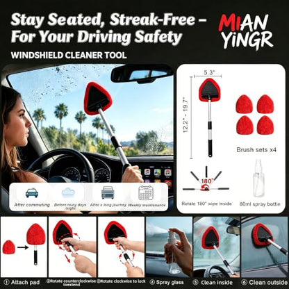 Windshield Cleaner Tool, 17Pcs Red Car Interior Detailing Kit – Stay in Seat, Inside & Out Streak-Free Clean, with Extendable Handle, Cleaning Gels & Brushes for Daily Cleaning, Pet Hair