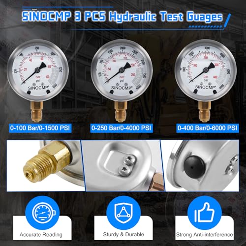 Hydraulic Pressure Test Kit with 3 Gauges 10/25/40 Mpa, 3 Long Hoses 6 Couplings Diagnosis Gauge Tester Set for Excavator Construction Engineering Machinery Equipment - size: Black 3 Gauges 6 Couplings