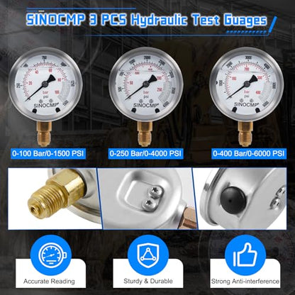 Hydraulic Pressure Test Kit with 3 Gauges 10/25/40 Mpa, 3 Long Hoses 6 Couplings Diagnosis Gauge Tester Set for Excavator Construction Engineering Machinery Equipment - size: Black 3 Gauges 6 Couplings