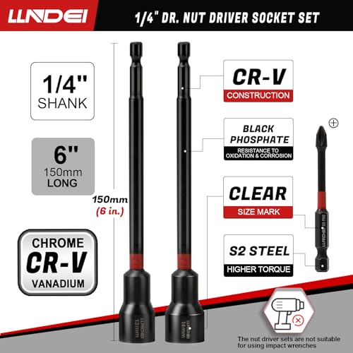 LLNDEI 1/4" Drive Socket Set & Nut Driver Set 44PCS, 1/4-Inch Sockets Deep&Shallow Metric(4-15mm) with Ratchet, 1/4" Hex Shank 6" Long Nut Drivers(6-14mm) for Impact Drill Bits(PH1 PH2) - size: 44PCS Metric