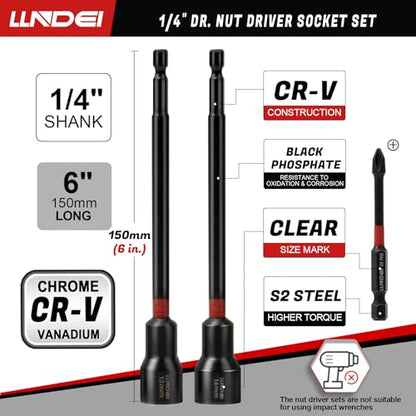 LLNDEI 1/4" Drive Socket Set & Nut Driver Set 44PCS, 1/4-Inch Sockets Deep&Shallow Metric(4-15mm) with Ratchet, 1/4" Hex Shank 6" Long Nut Drivers(6-14mm) for Impact Drill Bits(PH1 PH2) - size: 44PCS Metric