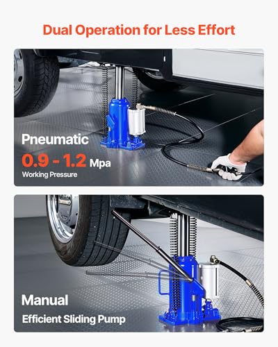 VEVOR Air Hydraulic Bottle Jack, 20 Ton (44092 lbs) Capacity, 10.2-19.5 Inch Lifting Range, Pneumatic/Manual Heavy Duty Welded Bottle Jack with Pump for Car, SUV, Pickup, Truck, RV, Auto Repair - color: blue