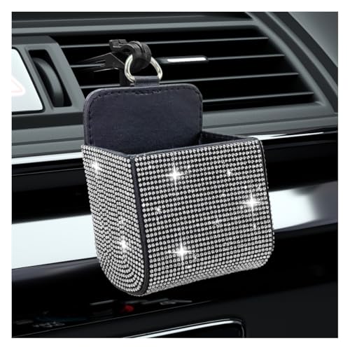 Bling Car Air Vent Storage Organizer, Car Vent Storage Pouch Box Leather Pocket with Hook for Women, Sparkly Rhinestone Auto Dashboard Cell Phone Holder for Sunglasses, Key, Coin (White) - color: White
