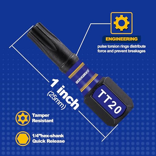 Geinxurn 15 Pieces Security T20 Impact Magnetic Screwdriver Bit Set, 1 In. #20 Torx Head Insert Bit Set, S2 Alloy Steel Hollow Star Bit Set - size: 1"-15PCS, style: TT20