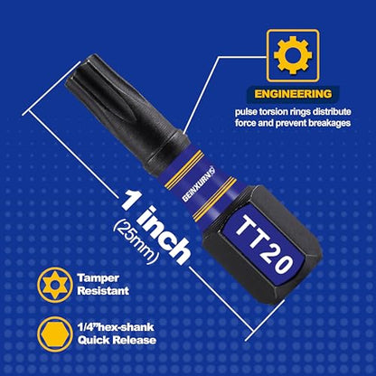Geinxurn 15 Pieces Security T20 Impact Magnetic Screwdriver Bit Set, 1 In. #20 Torx Head Insert Bit Set, S2 Alloy Steel Hollow Star Bit Set - size: 1"-15PCS, style: TT20