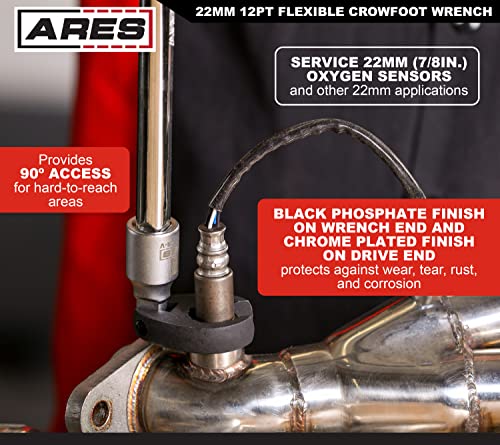 ARES 33014 – 1/2-Inch Drive Flexible Crowfoot Wrench - 22mm (7/8-inch) 12pt Crowfoot Wrench – 180 Degree Flex Head Offers 90-Degree Access for Hard-to-Reach Bolts – Services Oxygen Sensors - size: 1/2-Inch Drive Flexible Crowfoot Wrench