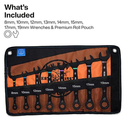 Klein Tools 69408MG Ratcheting Combination Wrench Set, Metric, 8-Piece, 8 to 19 mm, Steel Alloy, Foam Pouch, 90-Tooth
