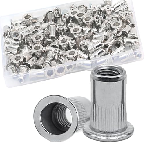 8-32 UNC Rivet Nut, 100Pcs 304 Stainless Steel Flat Head Rivnut Threaded Insert Nutsert - color: Silver, size: 8-32