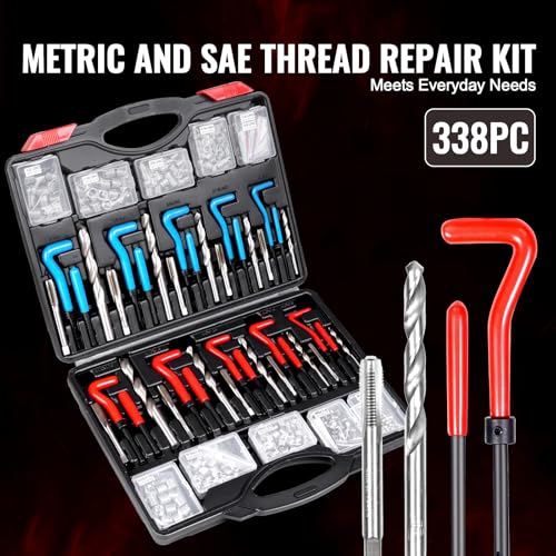 VEVOR Helicoil Thread Repair Kit-338-Piece SAE HSS Drill Inserts Taps & Tools M5,M6,M8,M10,M12,1/4",5/16",3/8",7/16",1/2" Rethreading Tool Kit Insertion Rethreading Tools Universal Rethread Restorer - size: 338PCS, style: SAE&METRIC