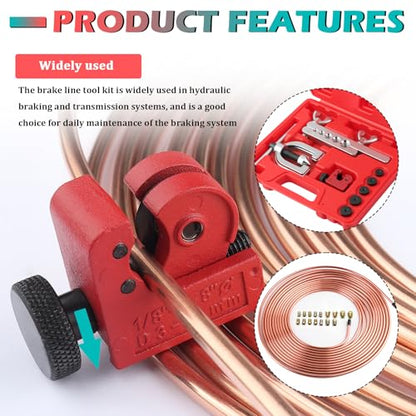 25Ft 3/16" Brake Line Kit,Double & Single Brake Line Flaring Tool Kit Includes Flaring Tool/Nuts/Adapters/Tube Cutter,Universal Brakes Lines Repair Kits for Hydraulic Brakes System
