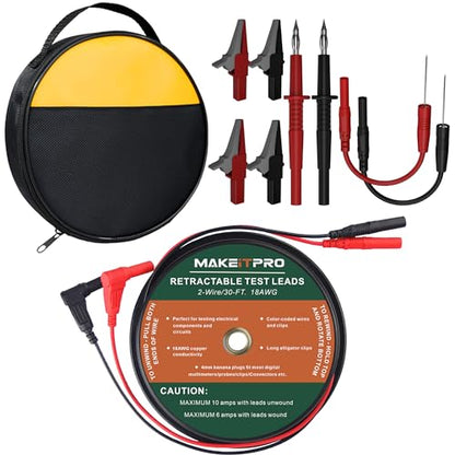 2 Wires 30FT 18AWG Retractable Test Leads with Cable Bag | Dual Ended Electrical Alligator Clips Test Probe Lead Wire Cables for Circuit Connection/Electrical Testing Troubleshooting
