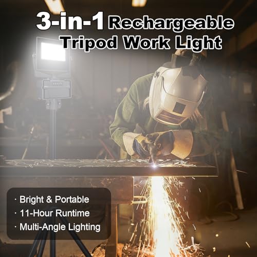 10000mAh Rechargeable Work Light with Stand 5 ft Max Height, Cordless Work Light Dimmable 10000 Lumens Tripod Work Light Construction Essentials Gear Emergency floodlight with Detachable Tripod