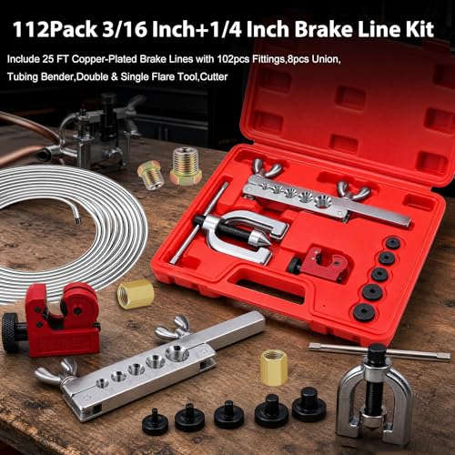 smseace 3/16 Inch+1/4 Inch Brake Line Flaring Tool Kit Include 25 FT Zinc-Plated Brake Line Kit with 94pcs Fittings,8pcs Union,Tubing Bender,Double & Single Flare Tool,Cutter - color: Silver-B, size: 3/16inch+1/4inch