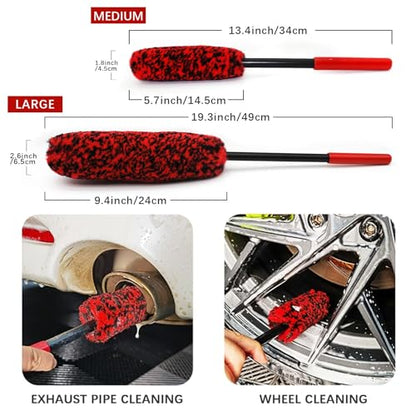 Wheel Brush Kit for Cleaning Wheel and Tire, 2 Soft Bendable Wheel Woolies Cleaning Brush, Stiff Tire Brush, Detailing Brush, Flexible&Durable Wheel Rim Cleaner Brush Set (Red)
