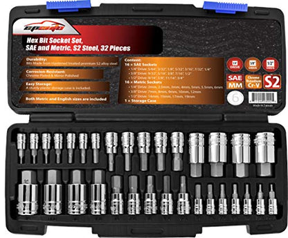 EPAuto 32 PCs Hex Bit Socket Set, SAE and Metric, S2 & Cr-V Steel - size: Hex Bit- 32 Pieces