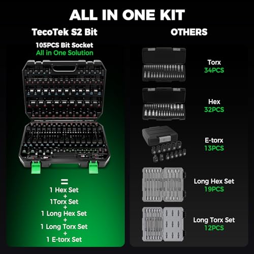 TecoTek 105PCS Master Allen and Torx Bit Socket Set, Hex/Tamper Proof Torx/E-torx Bit Set,1/4", 3/8" and 1/2" Drive, CR-V & S2 Steel, Includes E4 - E24, TT6-TT70, Socket/Drill Adapter - size: Hex/Tamper Proof Torx/E-torx Bit Socket