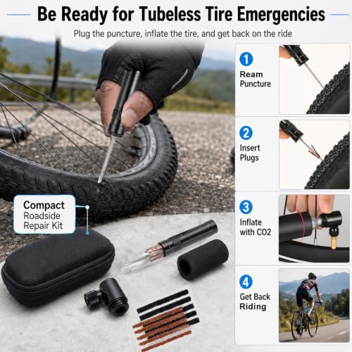Tubeless Bike Tire Repair Kit with CO2 Inflator, Plug Tool, Strips & Storage Case