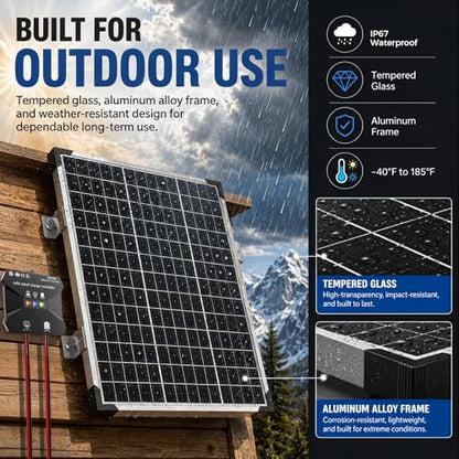 Voltset 50W Solar Panel Kit - 12V Solar Battery Charger Maintainer - IP67 Waterproof Solar Trickle Charger with 10A Smart Charge Controller and Mount Bracket for Boat RV Car Motorcycle Marine Trailer - size: 50W