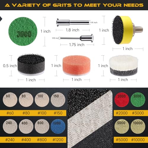 188 PCS 1 Inch Wet Dry Sanding Discs 60-10000 Grit Hook and Loop Sandpaper | Rotary Tool Accessories with 1/8" 1/4" Shank, Backing Pad, Polishing Pads, Foam Pads for Auto Metal Glass Resin Wood Jewelry - color: 1 Inch Sanding Discs with Polishing Pads
