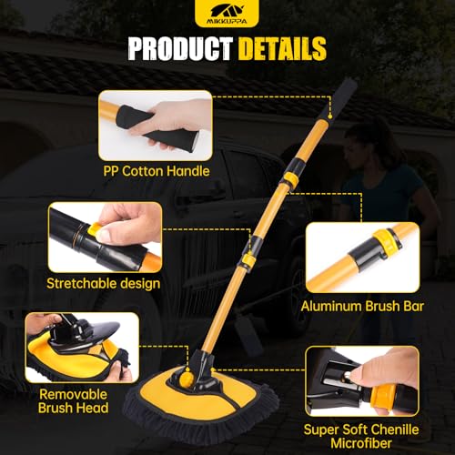 MIKKUPPA 40" Car Wash Brush with Long Handle Aluminum, Removable Brush Head | 15°Curved Wash Mop with Telescopic Handle, Scratch-Free Chenille Microfiber Brush Head, for Car SUV RV Truck Caravan Boat