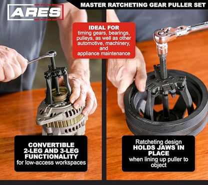 ARES 15095 – Master Ratcheting Gear Puller Set – Premium Chrome Moly Steel Gear Puller Yolk Set Includes 2-Ton and 5-Ton Units – Indexing Jaws Feature Convertible 2-Leg and 3-Leg Functionality - size: Master Ratcheting Gear Puller Set