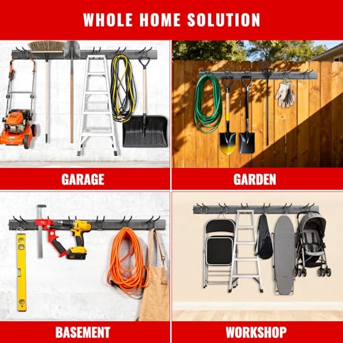 Garage Tool Organizer Wall Mount, Easy to 48inch Install Heavy-Duty Garage Storage System with 9 Adjustable Hooks, Garden Tool Rack for Shovels, Rakes, Yard Tools - size: 48" System - 9 Piece Set