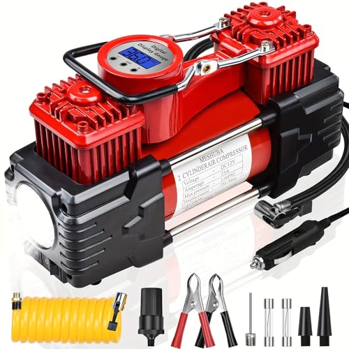 Dual Cylinder Tire Inflator Air Compressor, 150 PSI 12V DC Portable Air Pump with Digital Display, LED Flashlight, Auto Shut-Off, Heavy Duty for Truck, SUV, Car, RV (RED) - color: Red