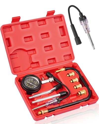 DAYUAN 9Pcs Professional Petrol Engine Compression Tester Kit Set | Spark Plug Ignition Tester, Dual Scale Gauge, 0-300 PSI/0-20 Bar, Reinforced Rubber Hose, Universal for Cars Motorcycles - color: Red-orange