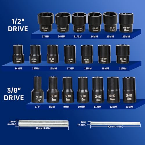 22pcs Bolt Nut Extractor Set Impact Lug Nut Removal Extractor Tool | 1/2" and 3/8" Drive Wheel Lock Removal Kit for Extracting Damaged, Stripped Frozen Nuts & Screws Twist Socket Set