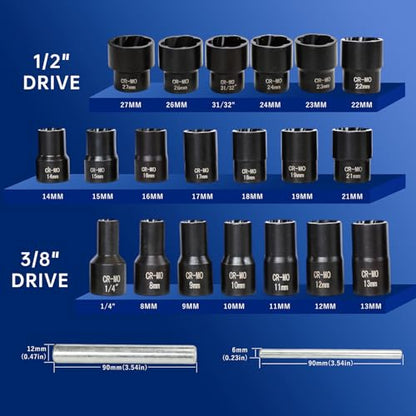 22pcs Bolt Nut Extractor Set Impact Lug Nut Removal Extractor Tool | 1/2" and 3/8" Drive Wheel Lock Removal Kit for Extracting Damaged, Stripped Frozen Nuts & Screws Twist Socket Set