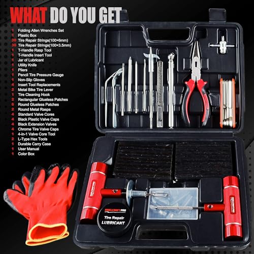 AWELCRAFT 108-Piece Heavy Duty Tire Repair Kit – Professional Flat Tire Plug Set with T-Handle Tools, 4-Way Valve Tool, Pliers, Storage Case - size: 108 Piece Repair Kit