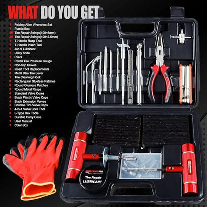 AWELCRAFT 108-Piece Heavy Duty Tire Repair Kit – Professional Flat Tire Plug Set with T-Handle Tools, 4-Way Valve Tool, Pliers, Storage Case - size: 108 Piece Repair Kit