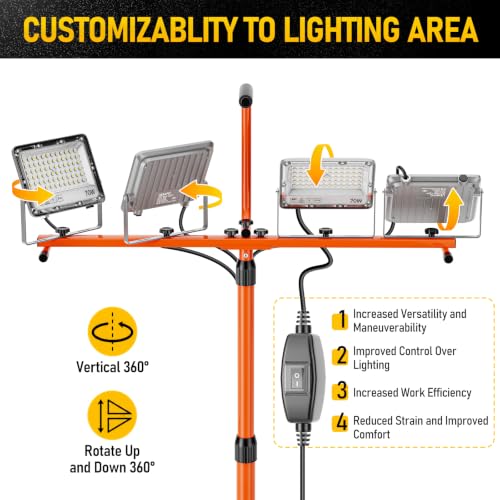 4-Head 32000LM LED Work Light with Stand & Wheel, 280W Tripod Light | 6500K, Adjustable Height, 360° rotation, IP66, Foldable, Individual Switch Light, Suitable to Job Site, Construction, Garage - color: Bright Orange