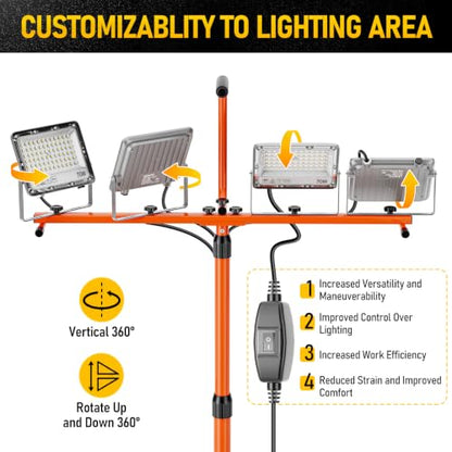4-Head 32000LM LED Work Light with Stand & Wheel, 280W Tripod Light | 6500K, Adjustable Height, 360° rotation, IP66, Foldable, Individual Switch Light, Suitable to Job Site, Construction, Garage - color: Bright Orange