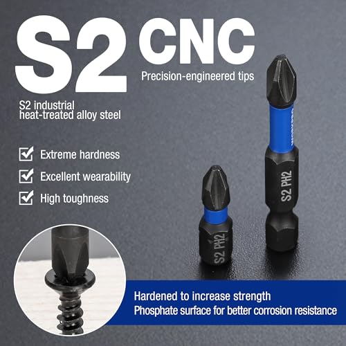 WORKPRO 16pcs PH2 Impact Phillips Screwdriver Bit Set, CNC Machined S2 Steel Tips with Magnetism, 1/4" Hex-Shank Driver Bits, 1"& 2" Long Impact Screwdriving Bits with Storage Box - size: 1 in&2 in