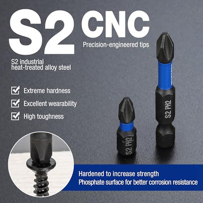 WORKPRO 16pcs PH2 Impact Phillips Screwdriver Bit Set, CNC Machined S2 Steel Tips with Magnetism, 1/4" Hex-Shank Driver Bits, 1"& 2" Long Impact Screwdriving Bits with Storage Box - size: 1 in&2 in