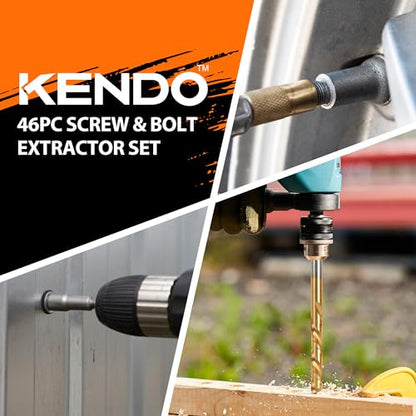 KENDO 46PC Bolt Extractor Kit - HSS Damaged Screw Extractor Set Remover for Stripped Screws Nuts & Bolts, Lug Nut Remover with ¼ Inch to ⅜ Inch Hex Socket Adapter - style: 46-PCS