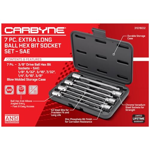 CARBYNE 7-Piece Extra Long Ball End Hex (Allen) Bit Socket Set, SAE 1/8 in. to 3/8 in., 3/8 in. Drive, S2 Steel, CrV Sockets, Zinc Phosphate Bit Finish, 6.1 in. Length, Durable Case - style: SAE, Ball-End