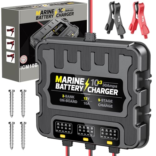 3 Bank Marine Battery Charger 30A (10A/Bank) 10X3, 12V,Waterproof,lifepo4 Boat Battery Charger Maintainer and Desulfator for AGM, Lithium,Deep-Cycle Batteries Boat Accessories - size: 3 Bank(30A)