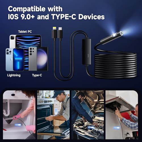 Endoscope Camera with Light, Dual-Lens 1920P HD Borescope with 8+1 Adjustable LED Lights, IP67 Waterproof Inspection Camera 16.5FT Semi-Rigid Snake Camera for iOS & Android (2 Interface) - style: 2-interface