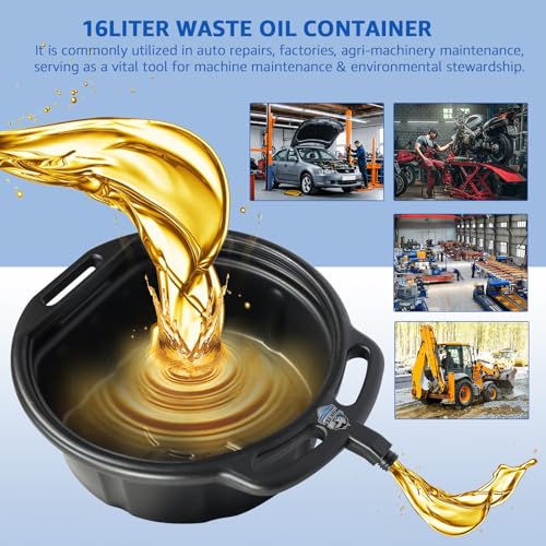 HKTE 16L Oil Drain Pan, 4.2 Gallon Large Capacity Oil Change Pan with Anti-Splash Lip & Wide Pour Spout, Heavy Duty HDPE Oil Catch Container for Cars, Trucks, SUV Maintenance