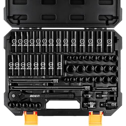 BOEN 3/8" Drive Impact Socket Set, 57-Piece Standard SAE (5/16 to 3/4 inch) and Metric (8-22mm), Include Ratchet Handle, Extension Bar, Universal Joint, Adapter, and Additional 5 10mm Sockets