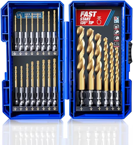 HIGHFIRE 22 Pieces Hex Shank Drill Bit Set for Impact Driver, HSS Twist Titanium Drill Bits for Metal, Hex Drive Quick Change Drill Bits Set - size: 22pcs