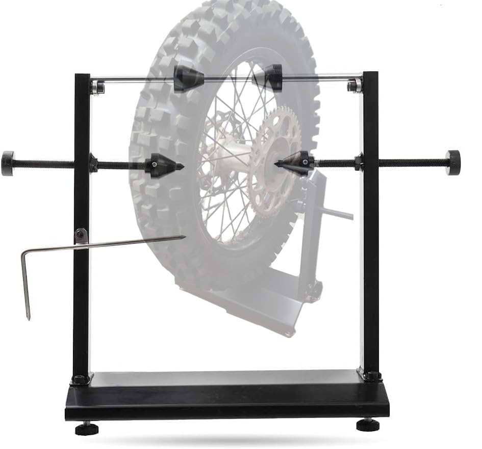 Motorcycle Wheel Balancer Stand with Truing Pointer Fits 13–38mm Axles | Static Tire Balancing and Rim Truing Tool with Dual Bearings and Adjustable Cones, for Dirt Bike Sport Bike Wheels