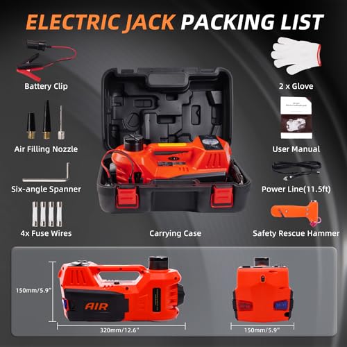 STANDTALL Electric Car Jack 5 Ton 12V Hydraulic Jack, Built-in Inflator | Fits Sedan SUV Truck, Lift Range 5.9-17.7in, 35L/min Air Pump, 150 PSI Gauge, One-Button Lifting, Compact Case - color: Red